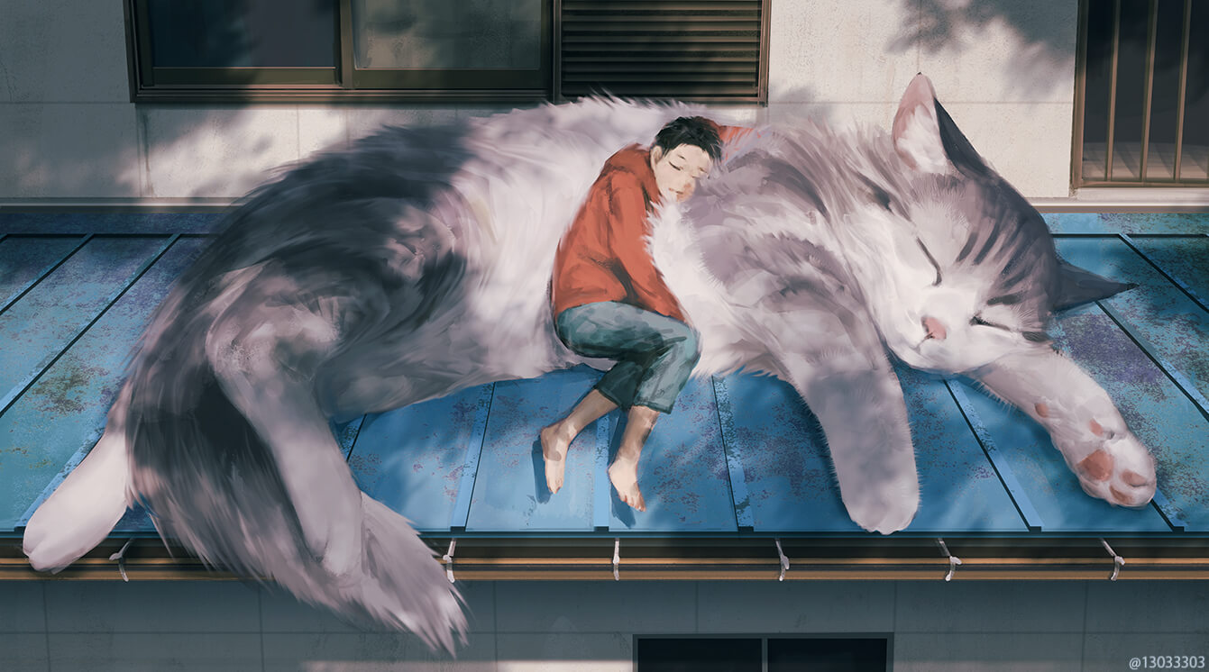 Artist Monobuko's painting of humans and giant animals